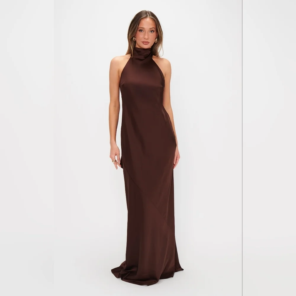 Show Me Your MUMU Lisa Maxi Dress XS Chocolate Luxe Satin Wedding Party Prom - Picture 4 of 11